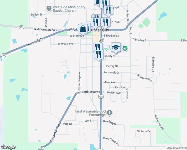 map of restaurants, bars, coffee shops, grocery stores, and more near 701 South Drew Street in Star City