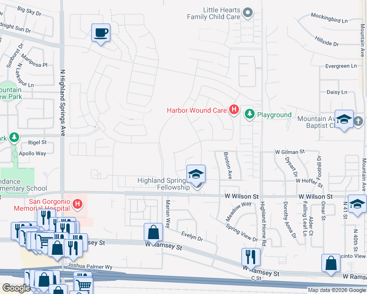 map of restaurants, bars, coffee shops, grocery stores, and more near 5233 West Gilman Street in Banning