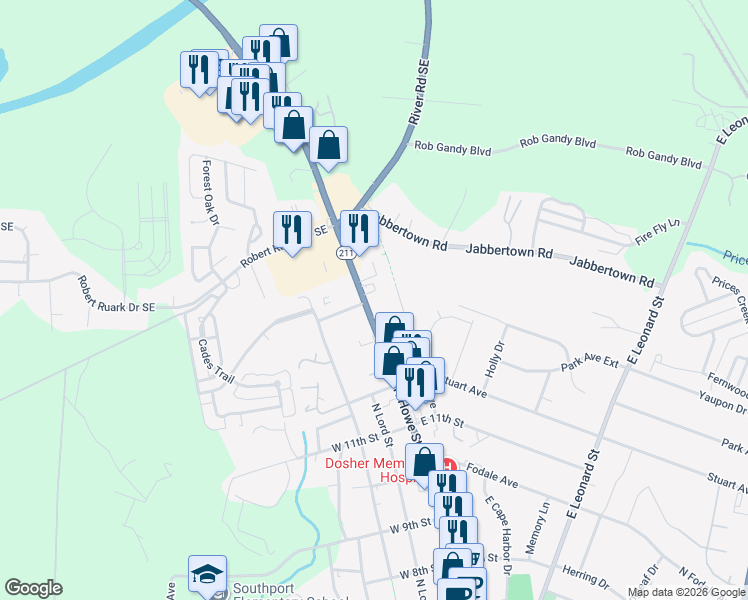 map of restaurants, bars, coffee shops, grocery stores, and more near West 14th Street in Southport