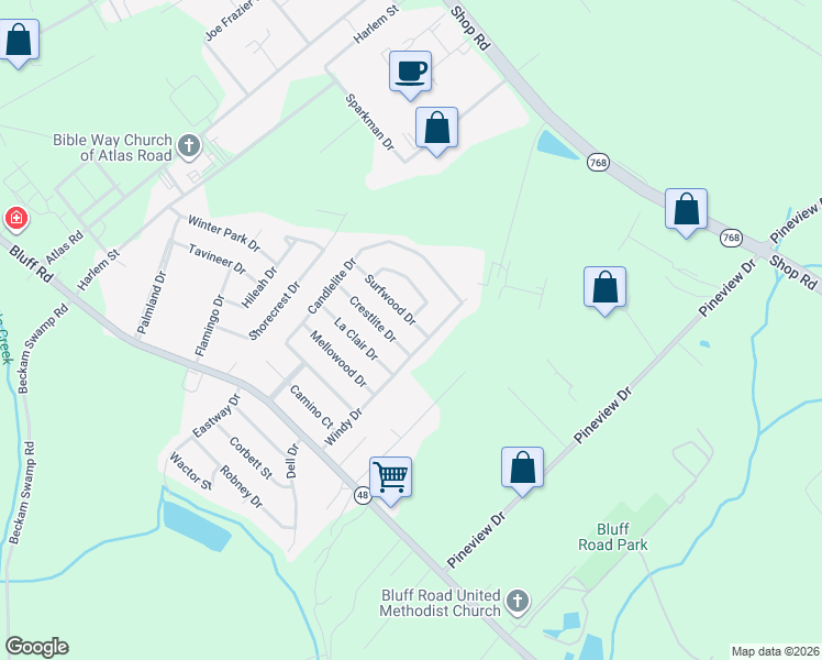 map of restaurants, bars, coffee shops, grocery stores, and more near 4360 Surfwood Drive in Columbia