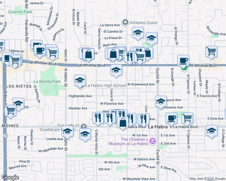 map of restaurants, bars, coffee shops, grocery stores, and more near 538A Leora Street in La Habra
