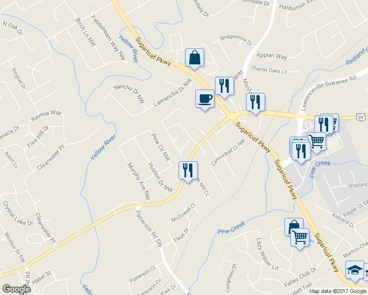 map of restaurants, bars, coffee shops, grocery stores, and more near 1712 Paladin Drive Northwest in Lawrenceville