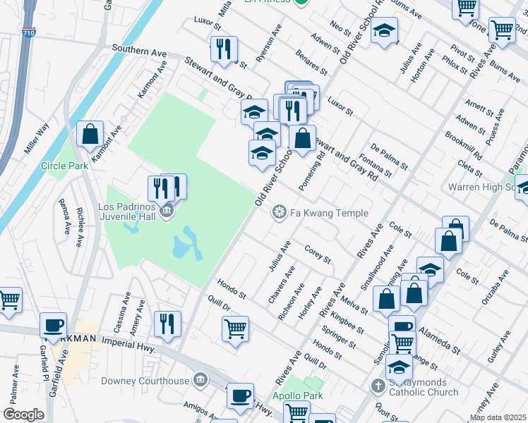 map of restaurants, bars, coffee shops, grocery stores, and more near 12106 Old River School Road in Downey