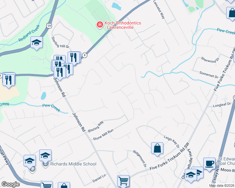map of restaurants, bars, coffee shops, grocery stores, and more near 1032 Stone Mill Way in Lawrenceville