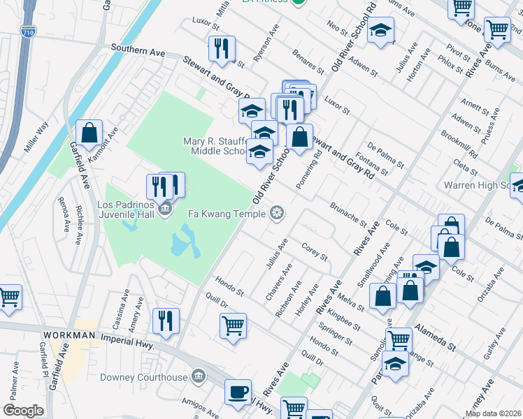 map of restaurants, bars, coffee shops, grocery stores, and more near 12106 Old River School Road in Downey