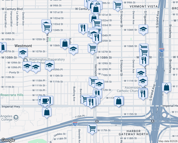 map of restaurants, bars, coffee shops, grocery stores, and more near 1028 1/2 West 109th Place in Los Angeles
