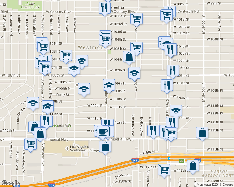 map of restaurants, bars, coffee shops, grocery stores, and more near 1320 West 109th Place in Los Angeles