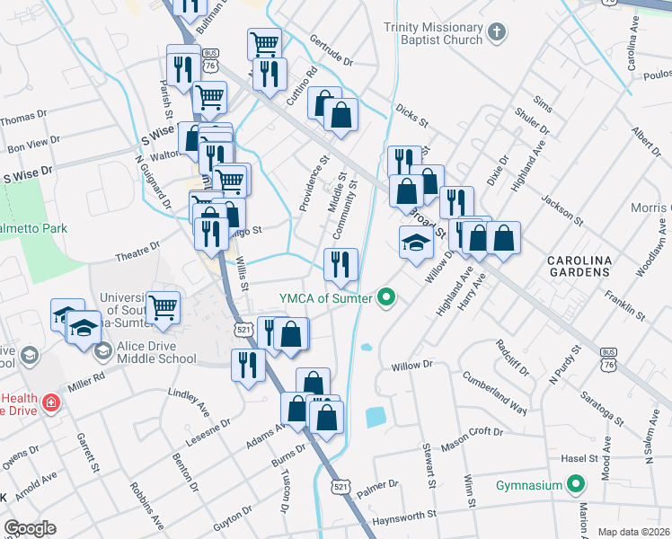 map of restaurants, bars, coffee shops, grocery stores, and more near 152 Community Street in Sumter