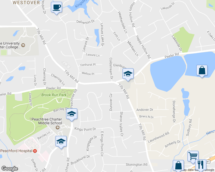 map of restaurants, bars, coffee shops, grocery stores, and more near 4842 Tilly Mill Road in Doraville
