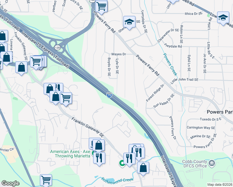 map of restaurants, bars, coffee shops, grocery stores, and more near 661 Lyle Drive in Marietta