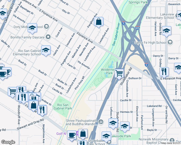 map of restaurants, bars, coffee shops, grocery stores, and more near 10406 Gaybrook Avenue in Downey