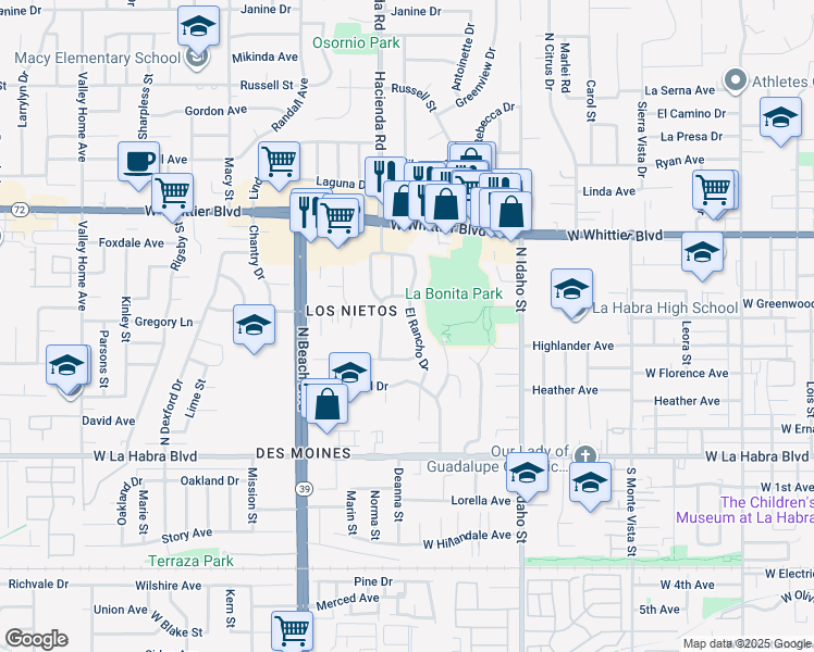 map of restaurants, bars, coffee shops, grocery stores, and more near 521 El Rancho Drive in La Habra