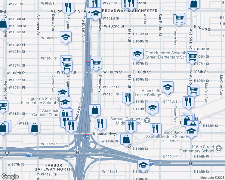 map of restaurants, bars, coffee shops, grocery stores, and more near 10955 South Spring Street in Los Angeles
