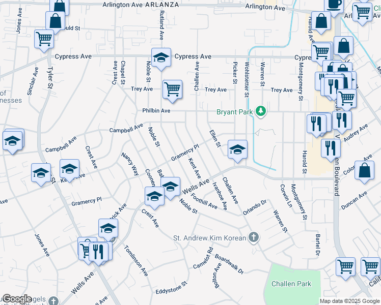 map of restaurants, bars, coffee shops, grocery stores, and more near 5415 Kent Avenue in Riverside