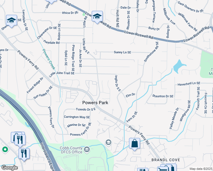map of restaurants, bars, coffee shops, grocery stores, and more near 566 Lullingstone Drive Southeast in Marietta