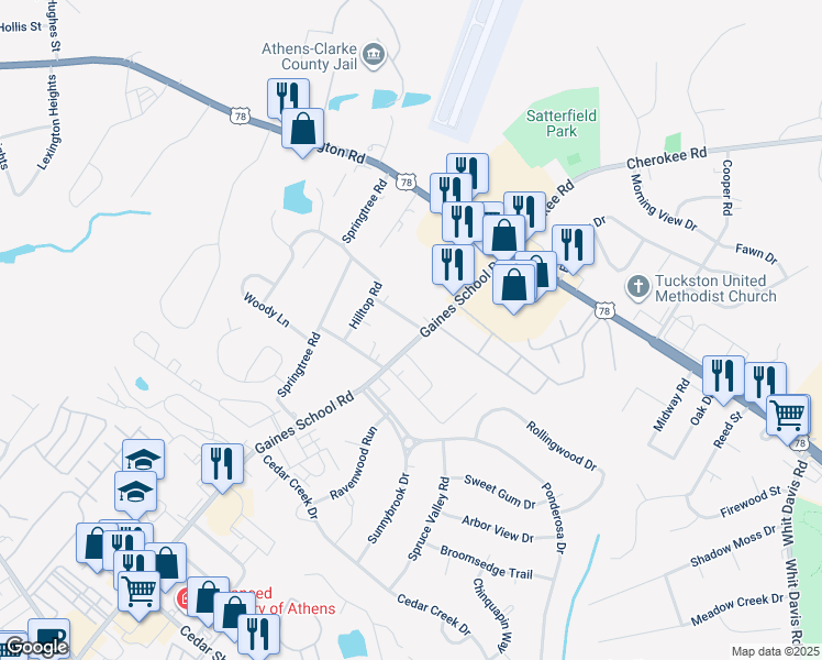 map of restaurants, bars, coffee shops, grocery stores, and more near 270 Gaines School Rd in Athens
