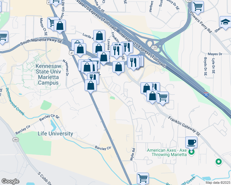 map of restaurants, bars, coffee shops, grocery stores, and more near 967 Allegro Park in Marietta