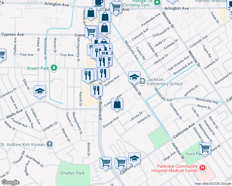 map of restaurants, bars, coffee shops, grocery stores, and more near 9219 Colorado Avenue in Riverside