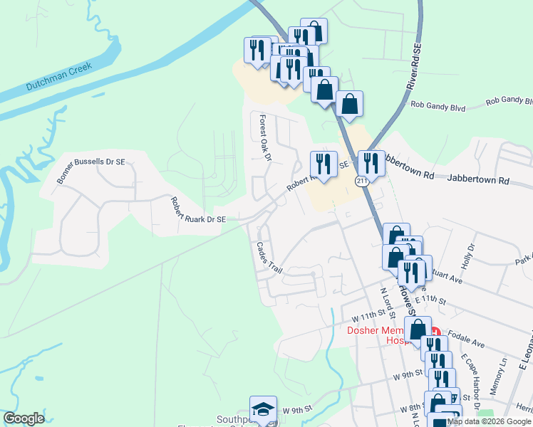 map of restaurants, bars, coffee shops, grocery stores, and more near 411 Cades Trail in Southport