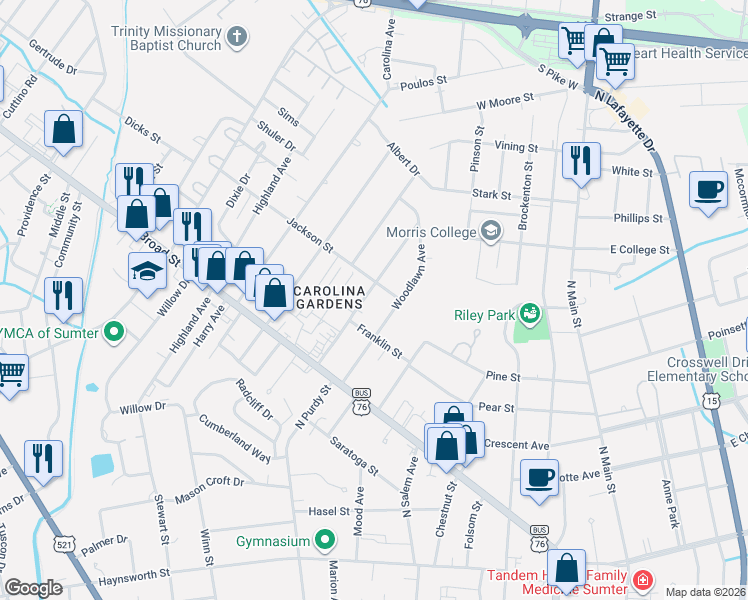 map of restaurants, bars, coffee shops, grocery stores, and more near 45 Morgan Avenue in Sumter