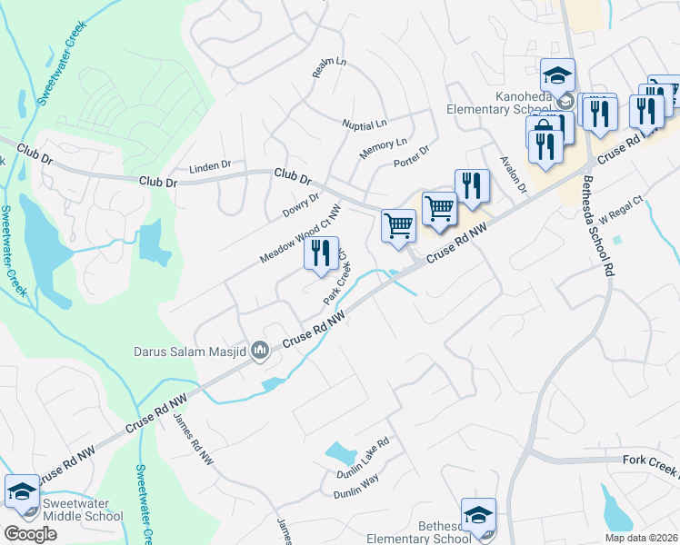 map of restaurants, bars, coffee shops, grocery stores, and more near 1020 Park Creek Circle in Lawrenceville
