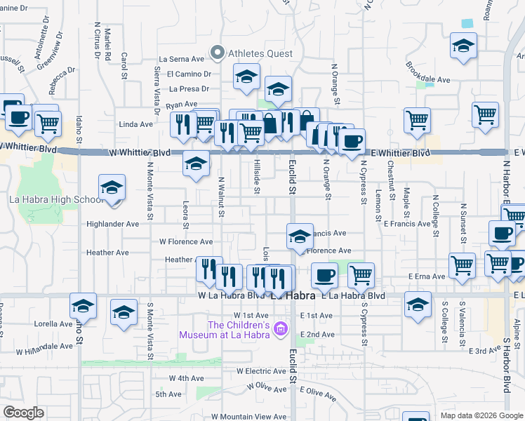 map of restaurants, bars, coffee shops, grocery stores, and more near 501 Lois Street in La Habra