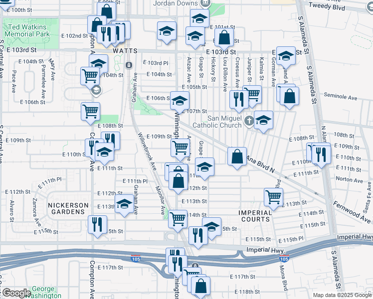 map of restaurants, bars, coffee shops, grocery stores, and more near 10933 Anzac Avenue in Los Angeles
