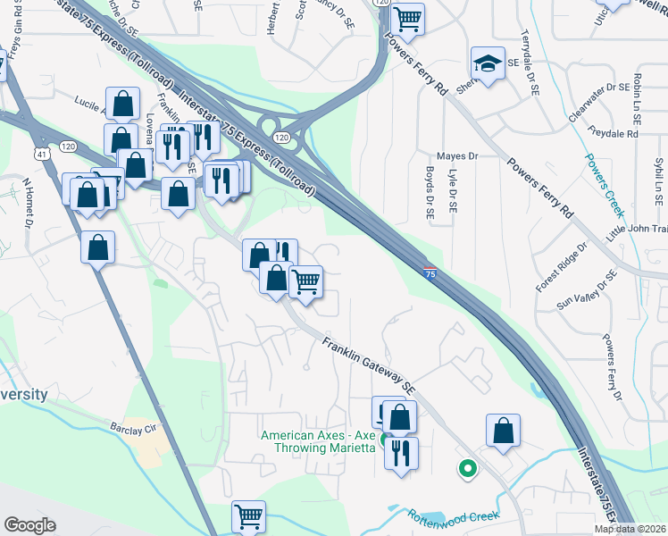 map of restaurants, bars, coffee shops, grocery stores, and more near 1777 Twin Brooks Drive Southeast in Marietta