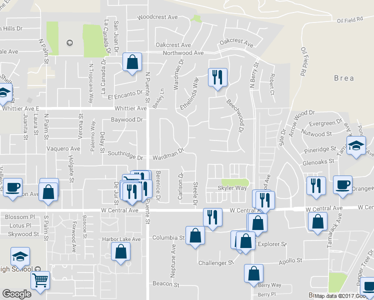 map of restaurants, bars, coffee shops, grocery stores, and more near 1100 Wardman Drive in Brea