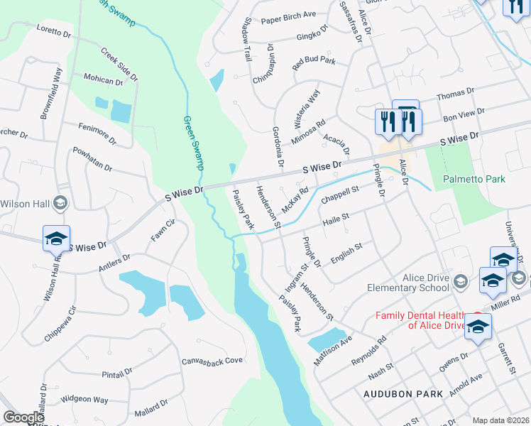 map of restaurants, bars, coffee shops, grocery stores, and more near 115 Paisley Park in Sumter