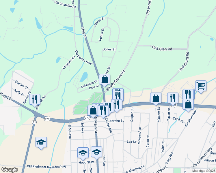 map of restaurants, bars, coffee shops, grocery stores, and more near 101 Shady Grove Road in Piedmont