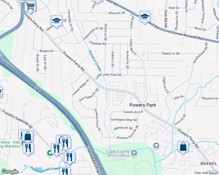 map of restaurants, bars, coffee shops, grocery stores, and more near 473 Salem Woods Drive Southeast in Marietta