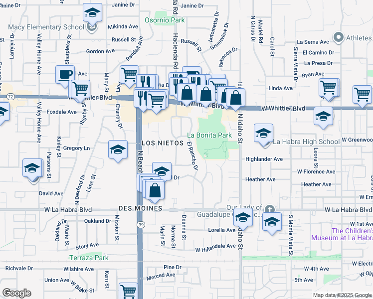 map of restaurants, bars, coffee shops, grocery stores, and more near 521 El Rancho Drive in La Habra