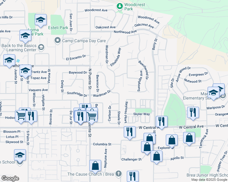 map of restaurants, bars, coffee shops, grocery stores, and more near 1100 Wardman Drive in Brea