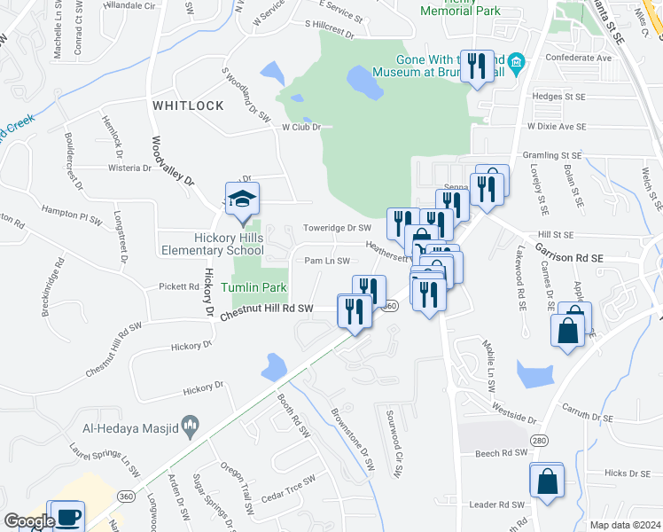 map of restaurants, bars, coffee shops, grocery stores, and more near 265 Pam Lane Southwest in Marietta