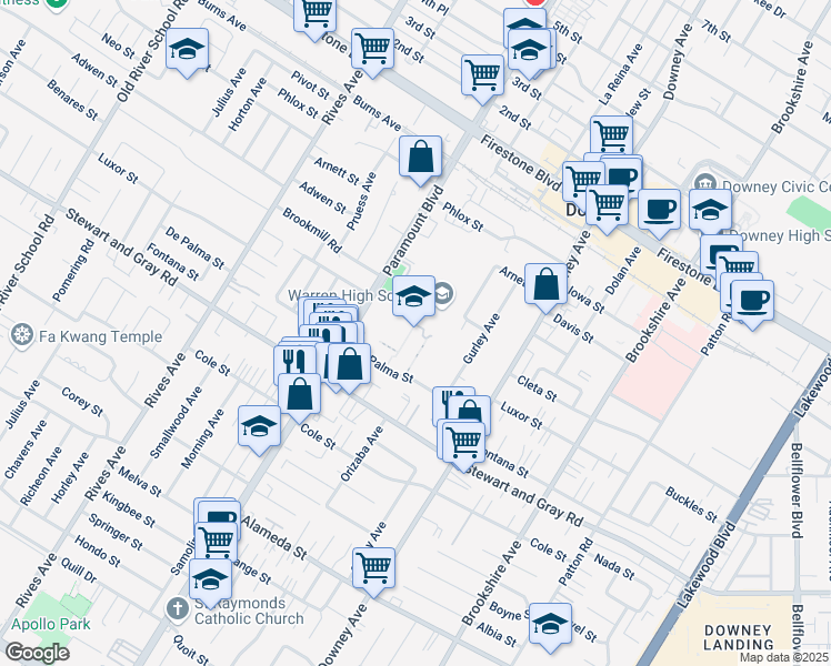 map of restaurants, bars, coffee shops, grocery stores, and more near 8141 De Palma Street in Downey