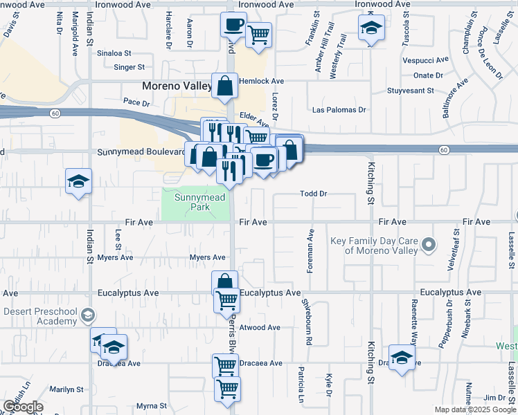 map of restaurants, bars, coffee shops, grocery stores, and more near 25070 Fir Avenue in Moreno Valley