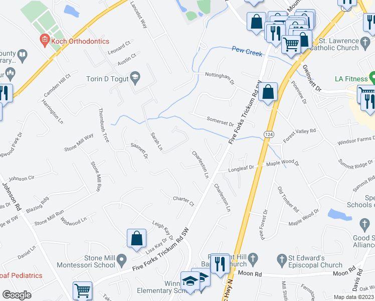 map of restaurants, bars, coffee shops, grocery stores, and more near 355 Charleston Lane in Lawrenceville