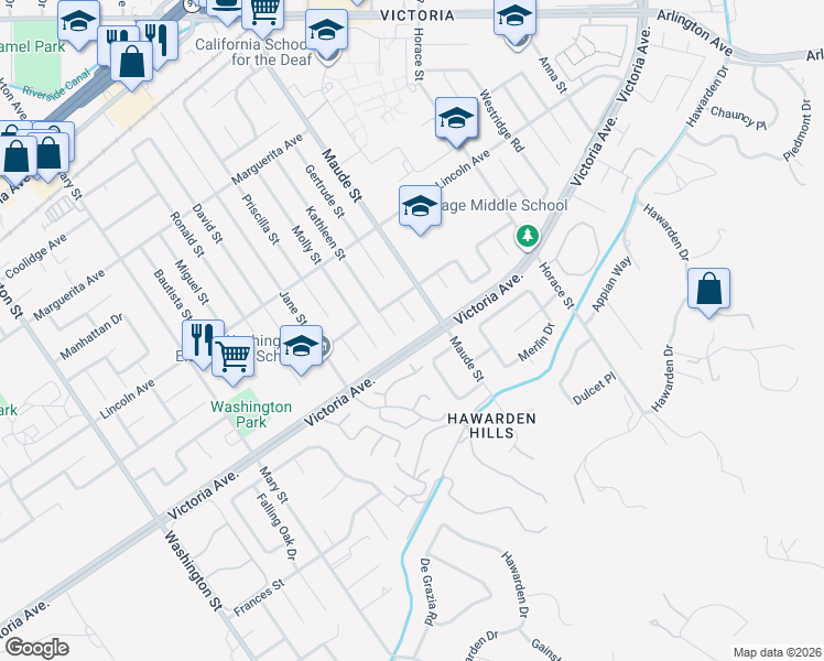 map of restaurants, bars, coffee shops, grocery stores, and more near 2712 Gleason Court in Riverside
