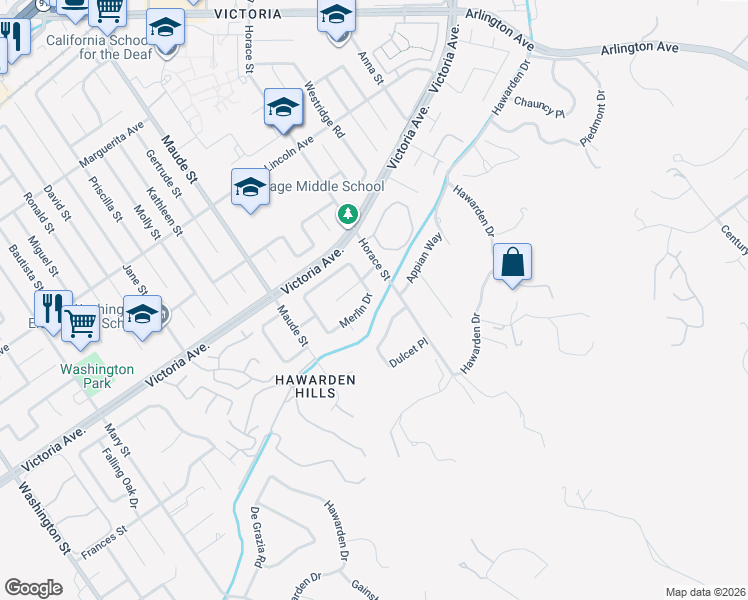 map of restaurants, bars, coffee shops, grocery stores, and more near 6360 Merlin Drive in Riverside