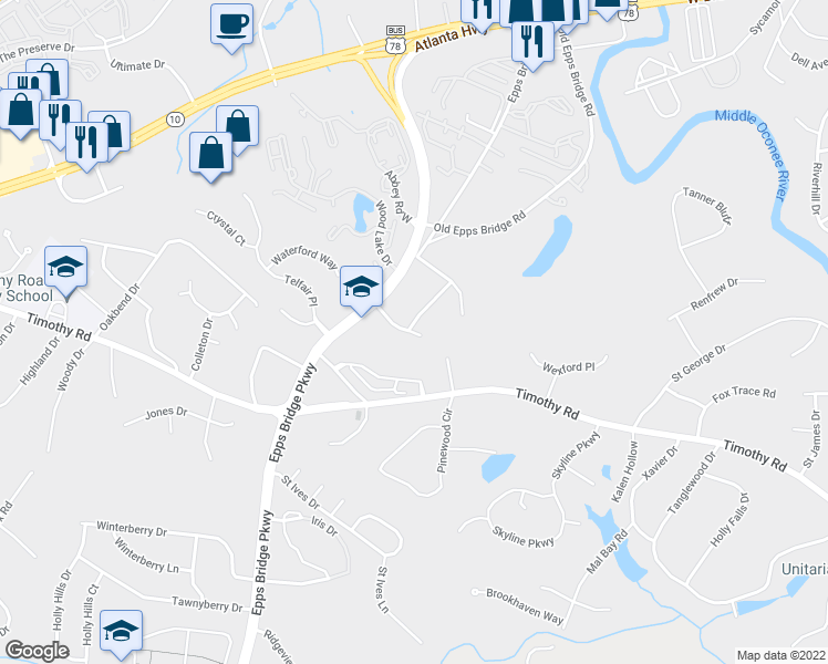 map of restaurants, bars, coffee shops, grocery stores, and more near 163 Windy Hill Place in Athens