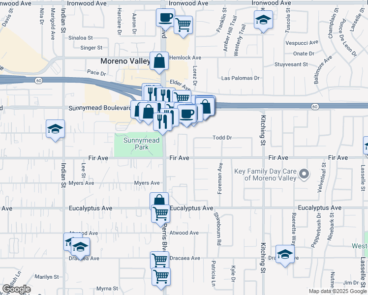 map of restaurants, bars, coffee shops, grocery stores, and more near 25070 Fir Avenue in Moreno Valley
