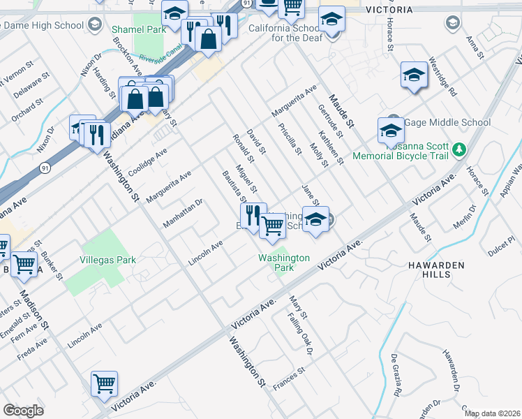 map of restaurants, bars, coffee shops, grocery stores, and more near 2894 Miguel Street in Riverside