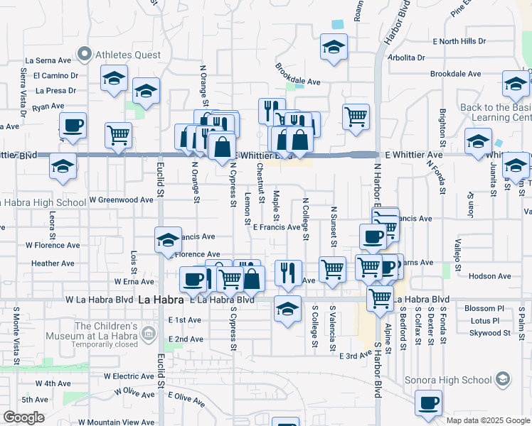map of restaurants, bars, coffee shops, grocery stores, and more near 520 Lemon Street in La Habra