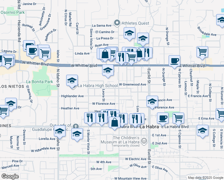 map of restaurants, bars, coffee shops, grocery stores, and more near 510 West Greenwood Avenue in La Habra