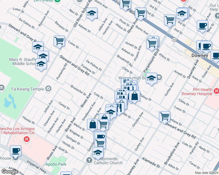 map of restaurants, bars, coffee shops, grocery stores, and more near 7871 Stewart and Gray Road in Downey