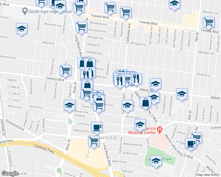 map of restaurants, bars, coffee shops, grocery stores, and more near 3382 Martin Luther King Junior Boulevard in Lynwood