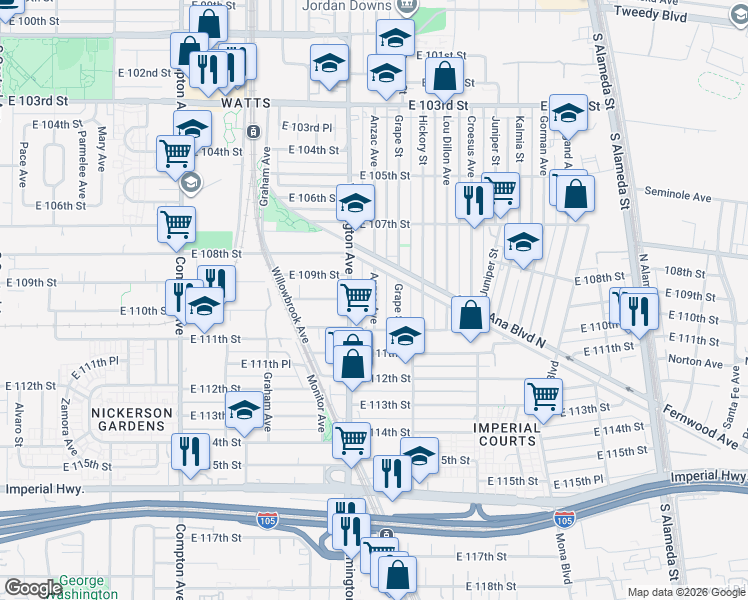 map of restaurants, bars, coffee shops, grocery stores, and more near 10958 Anzac Avenue in Los Angeles