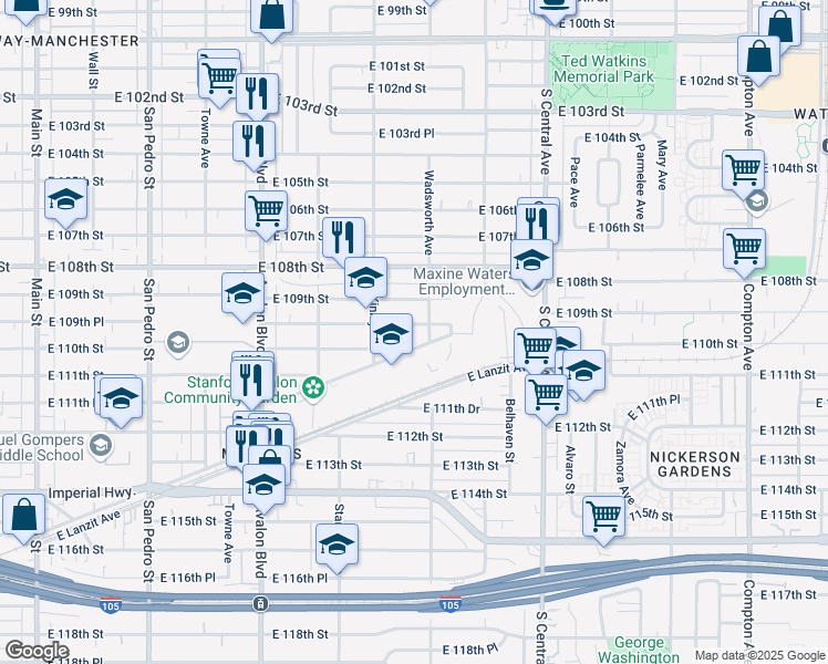 map of restaurants, bars, coffee shops, grocery stores, and more near 822 East 109th Place in Los Angeles