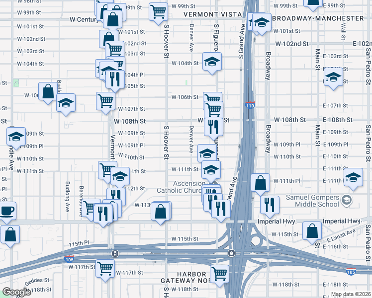 map of restaurants, bars, coffee shops, grocery stores, and more near 615 West 110th Street in Los Angeles